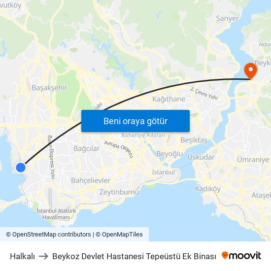 Halkalı to Beykoz Devlet Hastanesi Tepeüstü Ek Binası map