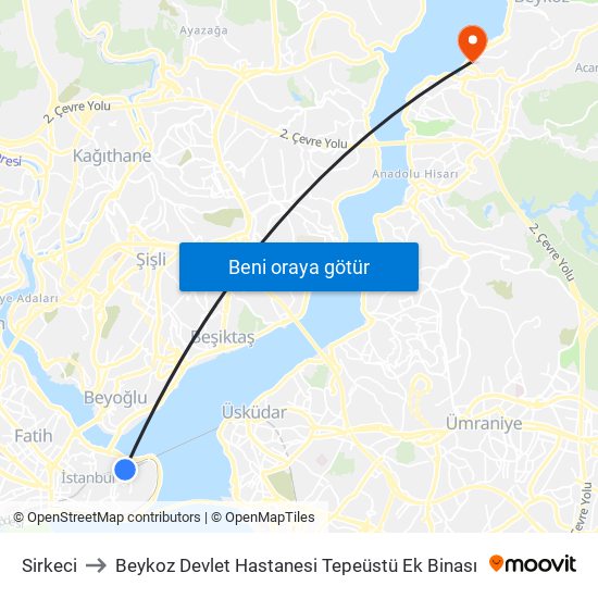 Sirkeci to Beykoz Devlet Hastanesi Tepeüstü Ek Binası map