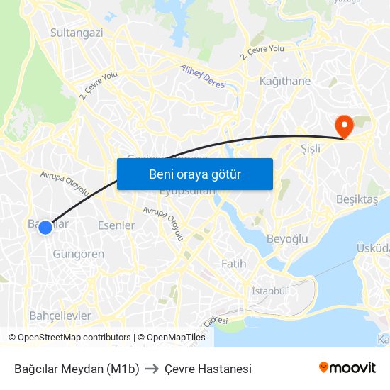 Bağcılar Meydan (M1b) to Çevre Hastanesi map