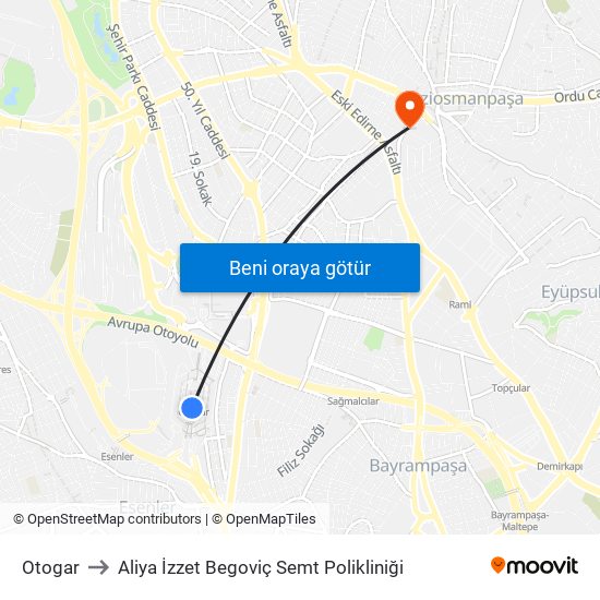 Otogar to Aliya İzzet Begoviç Semt Polikliniği map