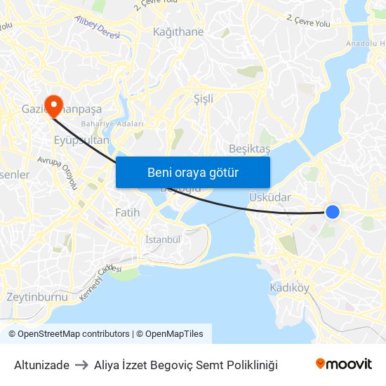 Altunizade to Aliya İzzet Begoviç Semt Polikliniği map