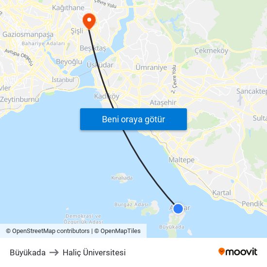 Büyükada to Haliç Üniversitesi map