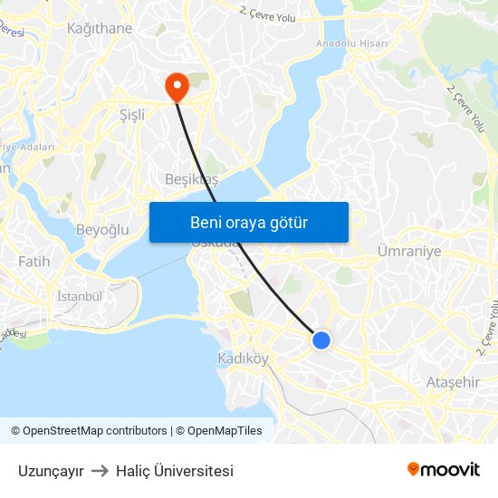 Uzunçayır to Haliç Üniversitesi map