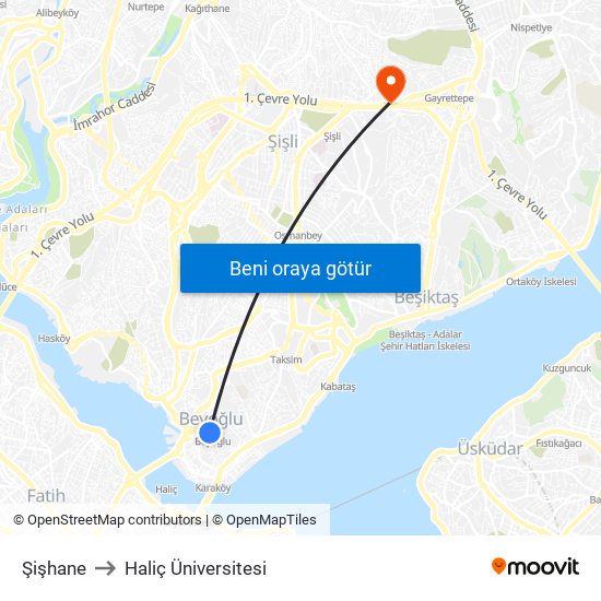 Şişhane to Haliç Üniversitesi map
