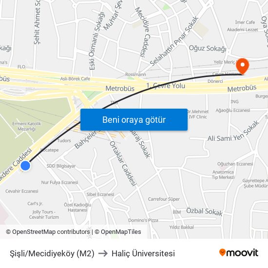 Şişli/Mecidiyeköy (M2) to Haliç Üniversitesi map