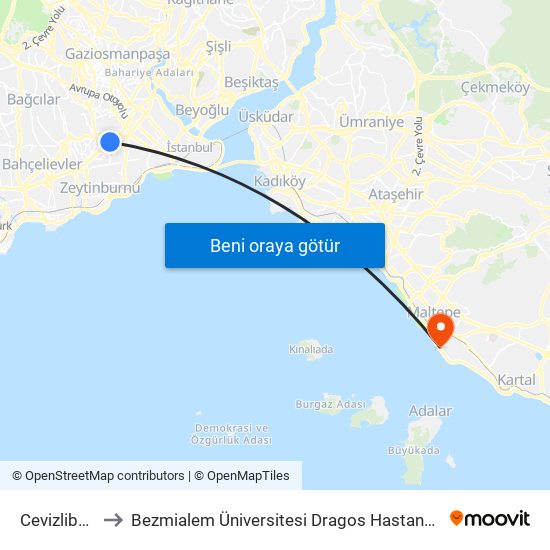 Cevizlibağ to Bezmialem Üniversitesi Dragos Hastanesi map