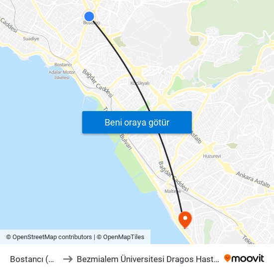 Bostancı (M4) to Bezmialem Üniversitesi Dragos Hastanesi map