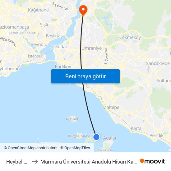 Heybeliada to Marmara Üniversitesi Anadolu Hisarı Kampüsü map