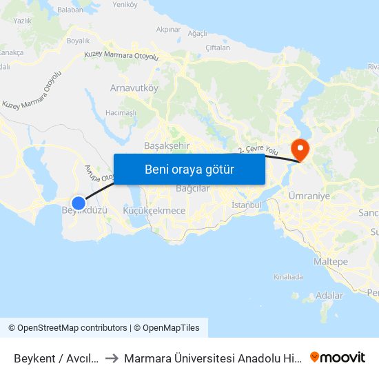 Beykent / Avcılar Yönü to Marmara Üniversitesi Anadolu Hisarı Kampüsü map