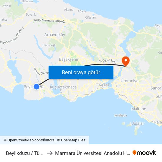 Beylikdüzü / Tüyap Yönü to Marmara Üniversitesi Anadolu Hisarı Kampüsü map