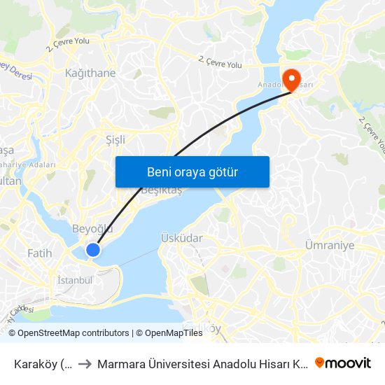 Karaköy (F2) to Marmara Üniversitesi Anadolu Hisarı Kampüsü map