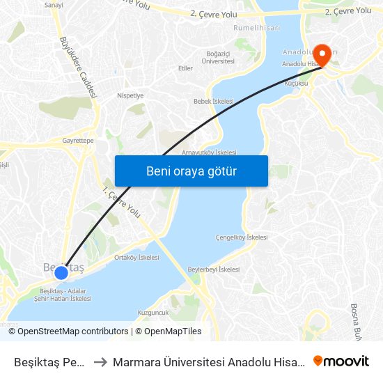 Beşiktaş Peronlar to Marmara Üniversitesi Anadolu Hisarı Kampüsü map