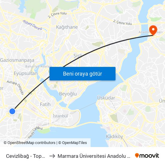 Cevizlibağ - Topkapi Yönü to Marmara Üniversitesi Anadolu Hisarı Kampüsü map