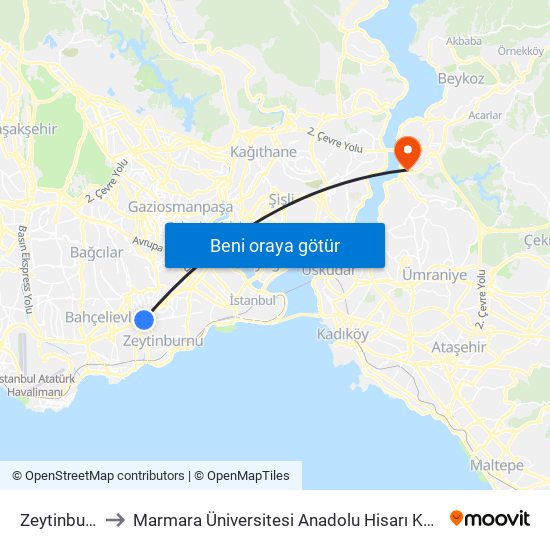 Zeytinburnu to Marmara Üniversitesi Anadolu Hisarı Kampüsü map