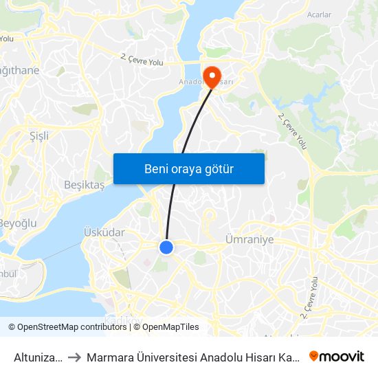 Altunizade to Marmara Üniversitesi Anadolu Hisarı Kampüsü map