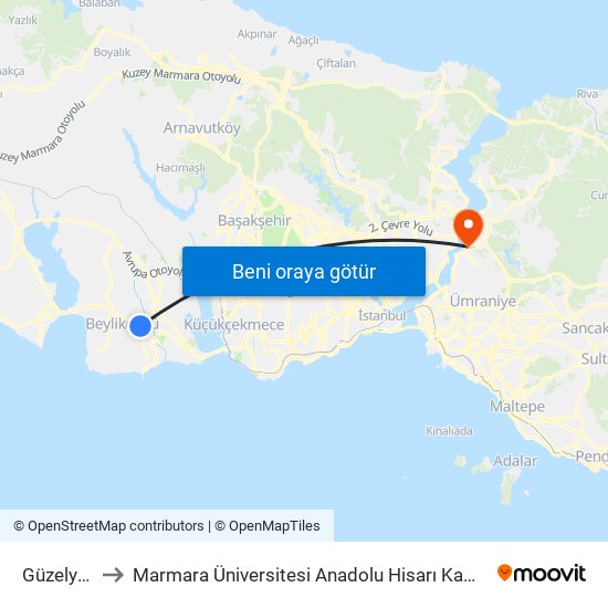 Güzelyurt to Marmara Üniversitesi Anadolu Hisarı Kampüsü map