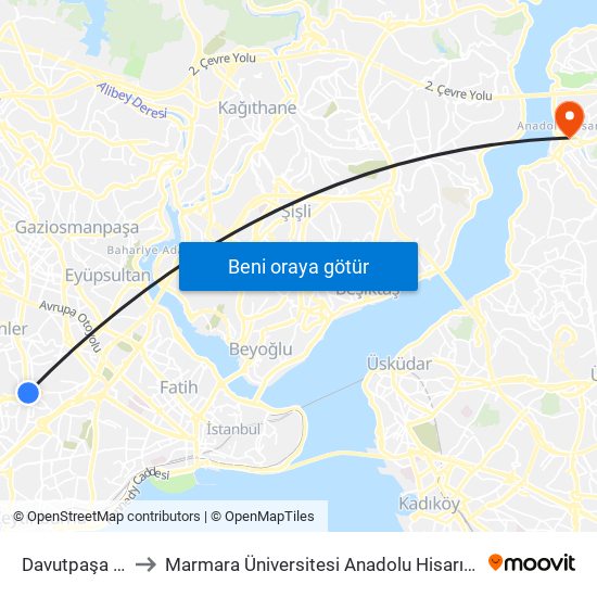 Davutpaşa - Ytü to Marmara Üniversitesi Anadolu Hisarı Kampüsü map