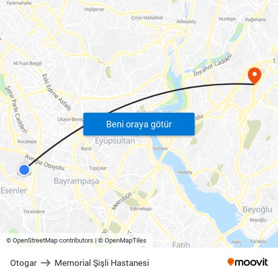 Otogar to Memorial Şişli Hastanesi map