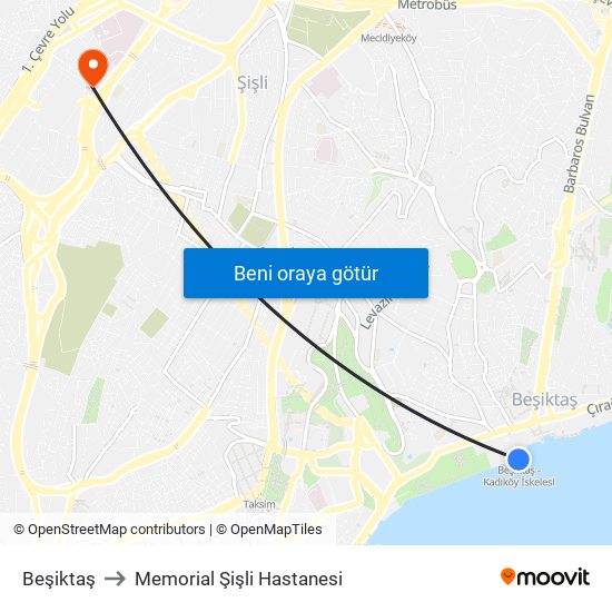 Beşiktaş to Memorial Şişli Hastanesi map