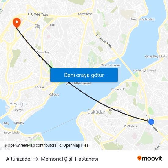 Altunizade to Memorial Şişli Hastanesi map