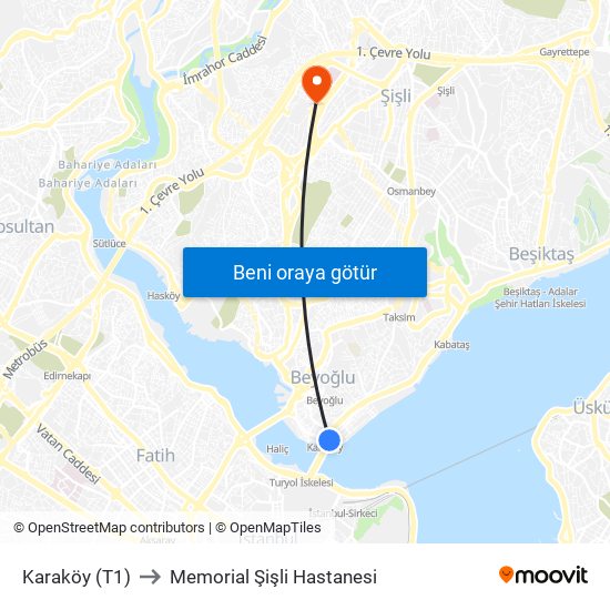 Karaköy (T1) to Memorial Şişli Hastanesi map