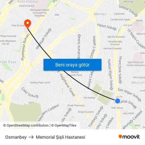 Osmanbey to Memorial Şişli Hastanesi map