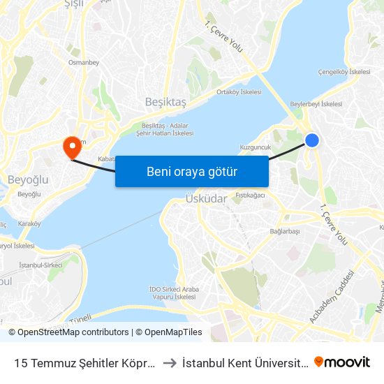 15 Temmuz Şehitler Köprüsü to İstanbul Kent Üniversitesi map