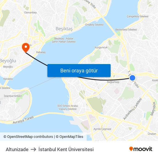 Altunizade to İstanbul Kent Üniversitesi map