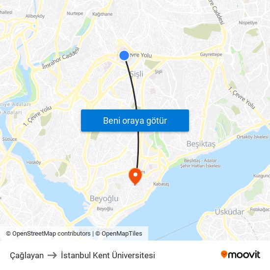 Çağlayan to İstanbul Kent Üniversitesi map