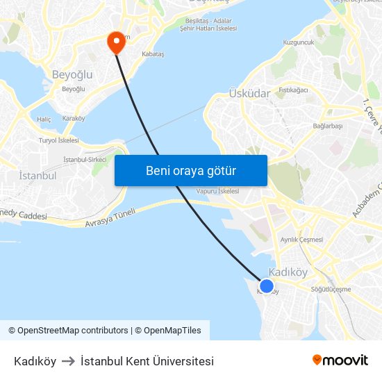 Kadıköy to İstanbul Kent Üniversitesi map