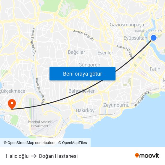 Halıcıoğlu to Doğan Hastanesi map