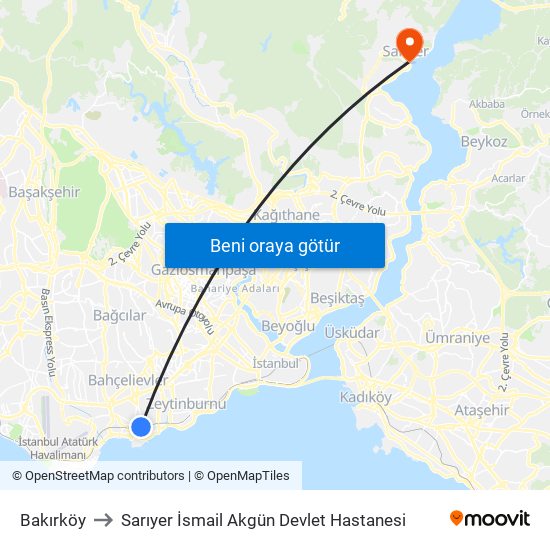 Bakırköy to Sarıyer İsmail Akgün Devlet Hastanesi map