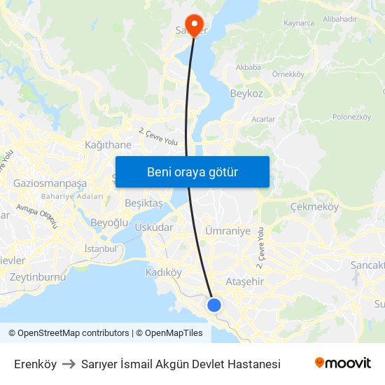 Erenköy to Sarıyer İsmail Akgün Devlet Hastanesi map