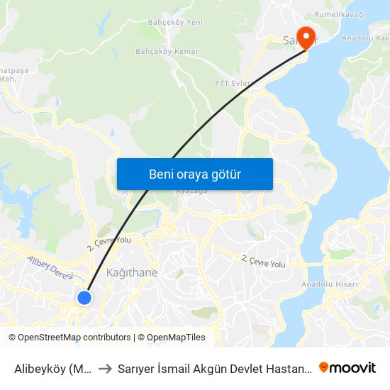 Alibeyköy (M7) to Sarıyer İsmail Akgün Devlet Hastanesi map