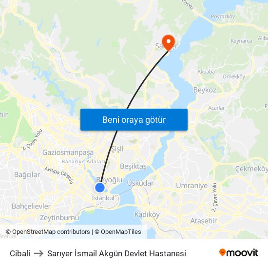 Cibali to Sarıyer İsmail Akgün Devlet Hastanesi map