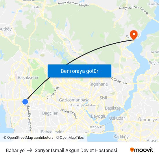 Bahariye to Sarıyer İsmail Akgün Devlet Hastanesi map