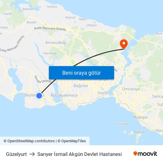 Güzelyurt to Sarıyer İsmail Akgün Devlet Hastanesi map