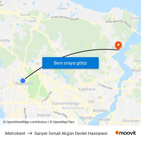 Metrokent to Sarıyer İsmail Akgün Devlet Hastanesi map