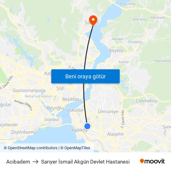 Acıbadem to Sarıyer İsmail Akgün Devlet Hastanesi map