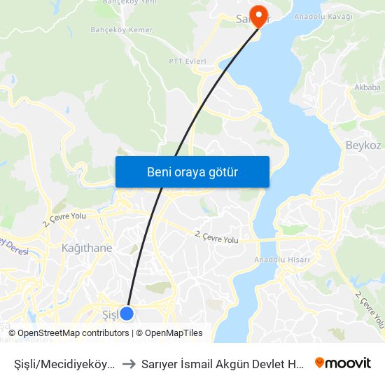 Şişli/Mecidiyeköy (M2) to Sarıyer İsmail Akgün Devlet Hastanesi map