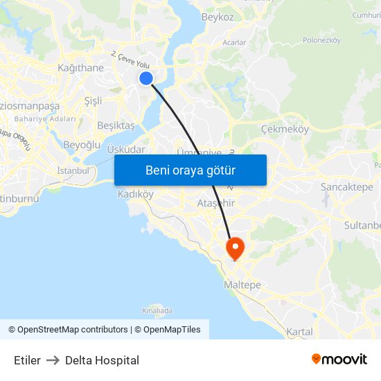 Etiler to Delta Hospital map