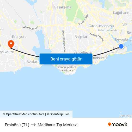 Eminönü (T1) to Medihaus Tıp Merkezi map