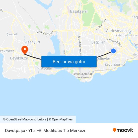 Davutpaşa - Ytü to Medihaus Tıp Merkezi map
