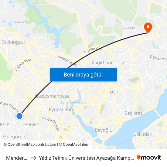 Menderes to Yıldız Teknik Üniversitesi Ayazağa Kampüsü map