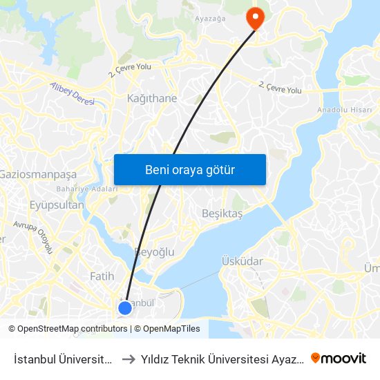 İstanbul Üniversitesi - Laleli to Yıldız Teknik Üniversitesi Ayazağa Kampüsü map