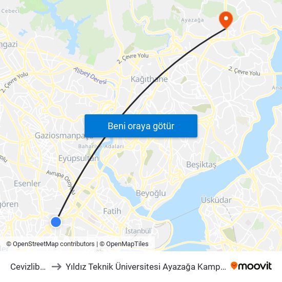 Cevizlibağ to Yıldız Teknik Üniversitesi Ayazağa Kampüsü map