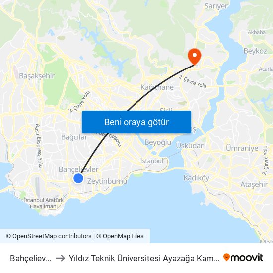 Bahçelievler to Yıldız Teknik Üniversitesi Ayazağa Kampüsü map