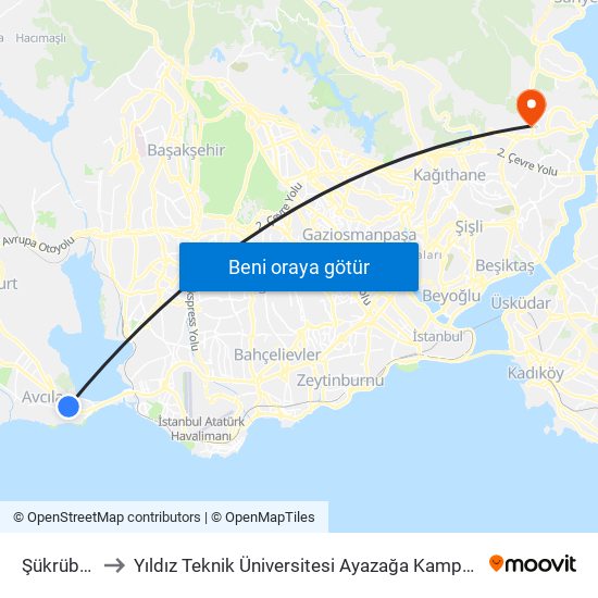 Şükrübey to Yıldız Teknik Üniversitesi Ayazağa Kampüsü map
