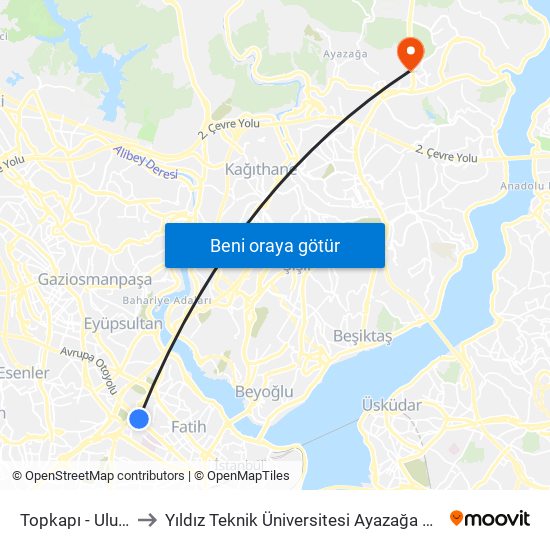 Topkapı - Ulubatlı to Yıldız Teknik Üniversitesi Ayazağa Kampüsü map