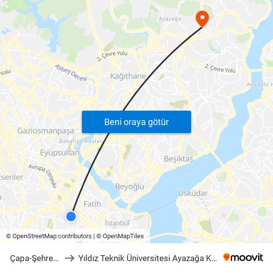 Çapa-Şehremini to Yıldız Teknik Üniversitesi Ayazağa Kampüsü map
